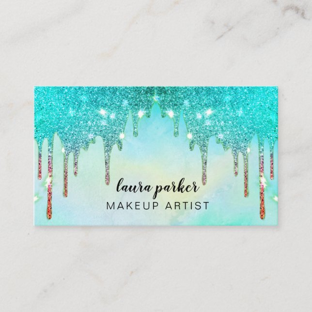 Holographic Dripping Teal Makeup Hair Stylist Business Card (Front)