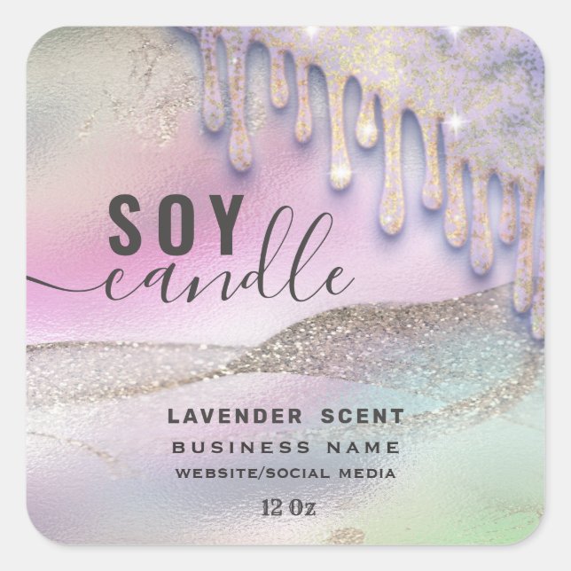 Holographic Drips glittery script soy candle label (Front)