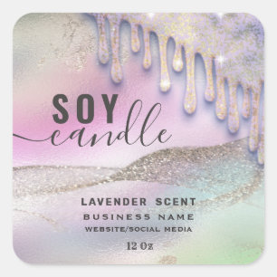 Holographic Drips glittery script soy candle label