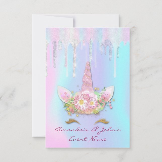 Holographic Drips Unicorn Party Sweet 15th Mermaid Invitation (Back)