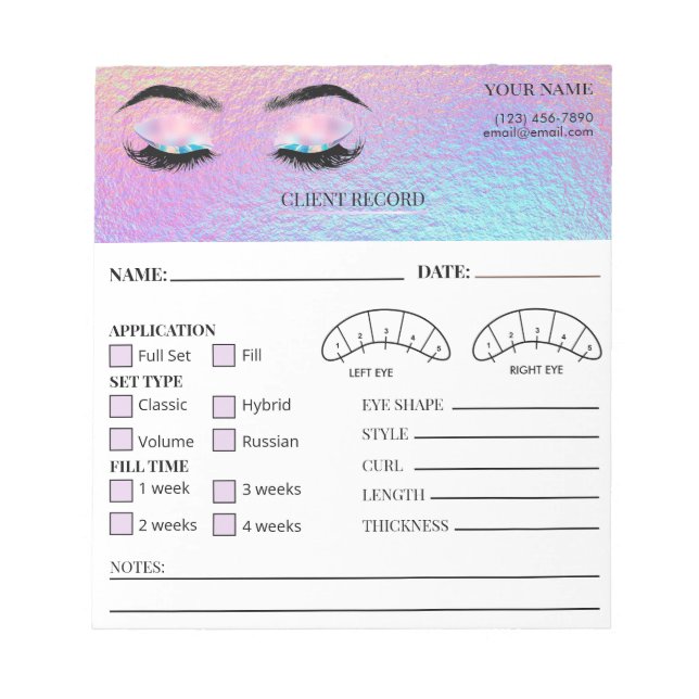 Holographic Eyelash Client Record Form Notepad (Front)