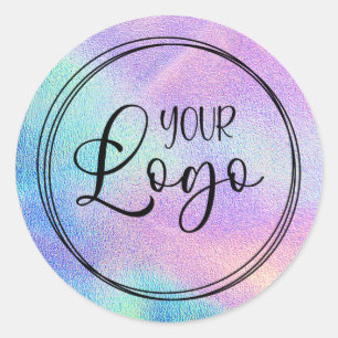Holographic Faux Aqua Rainbow Foil Logo Classic Round Sticker