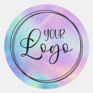 Holographic Faux Aqua Rainbow Foil Logo Classic Round Sticker