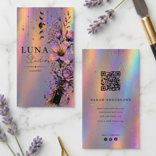 Holographic Florist Luxury Iridescent Floral QR Business Card