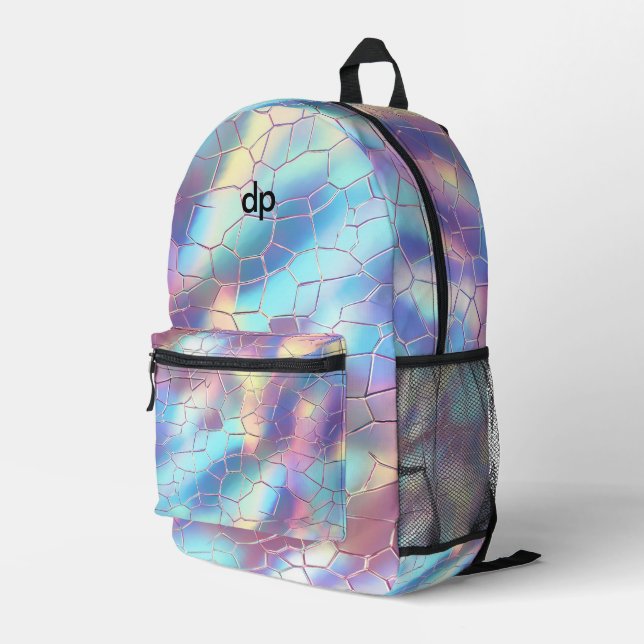 Holographic Foil Background Pattern Monogram Printed Backpack (Back Corner Right)