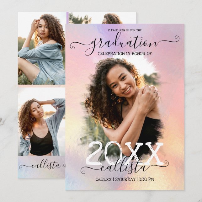 Holographic Foil Halo Photo Collage Graduation Invitation (Front/Back)