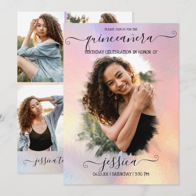 Holographic Foil Halo Photo Collage Quinceañera Invitation (Front/Back)