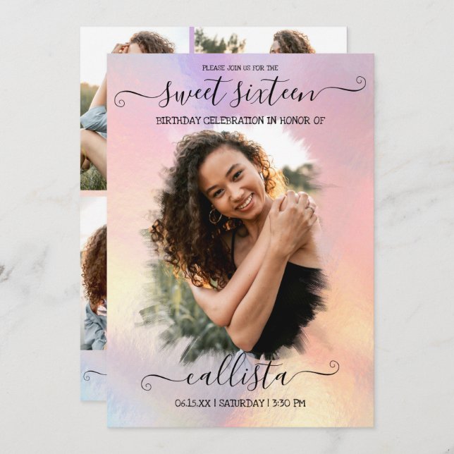 Holographic Foil Halo Photo Collage Sweet 16 Invitation (Front/Back)