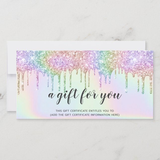 Holographic gift card unicorn glitter drips glam (Front)