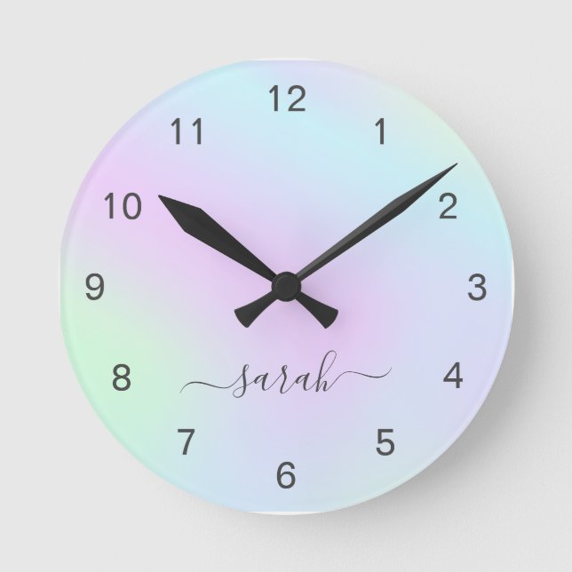Holographic Girly Modern Elegant Script Name Round Clock (Front)