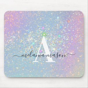Holographic Glam Glitter Elegant Sparkles Monogram Mouse Mat