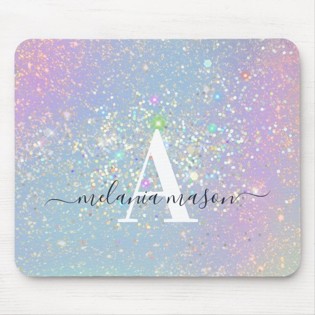 Holographic Glam Glitter Elegant Sparkles Monogram Mouse Mat (Front)