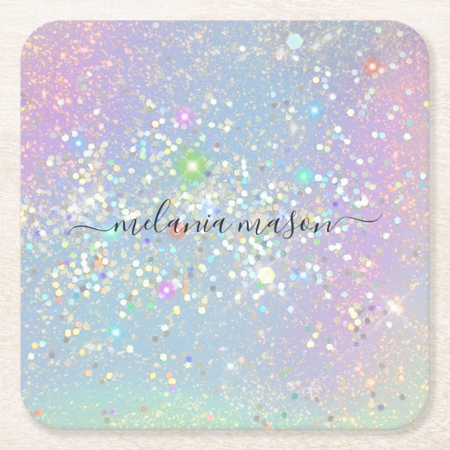 Holographic Glam Glitter Elegant Sparkles Square Paper Coaster (Front)