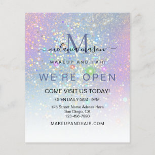 Holographic Glam Glitter Elegant We're Open Blue Flyer