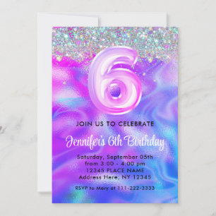 Holographic Glitter 6th Girly Purple Birthday Invitation