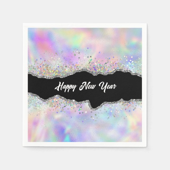 Holographic Glitter Agate Happy New Year Napkin (Front)