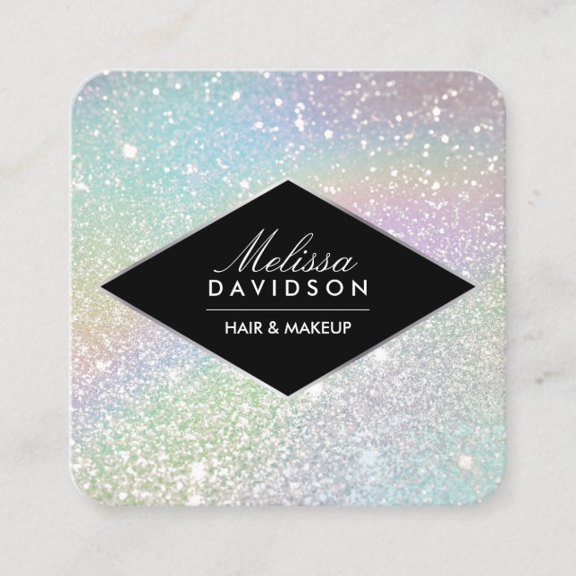 Holographic Glitter and Glamour Beauty Square Business Card (Front)