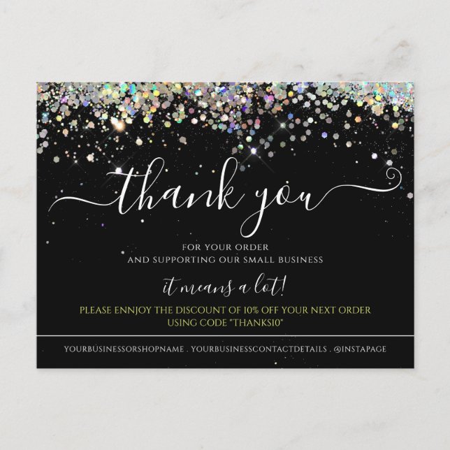 Holographic Glitter Black Elegant Thank You Card (Front)