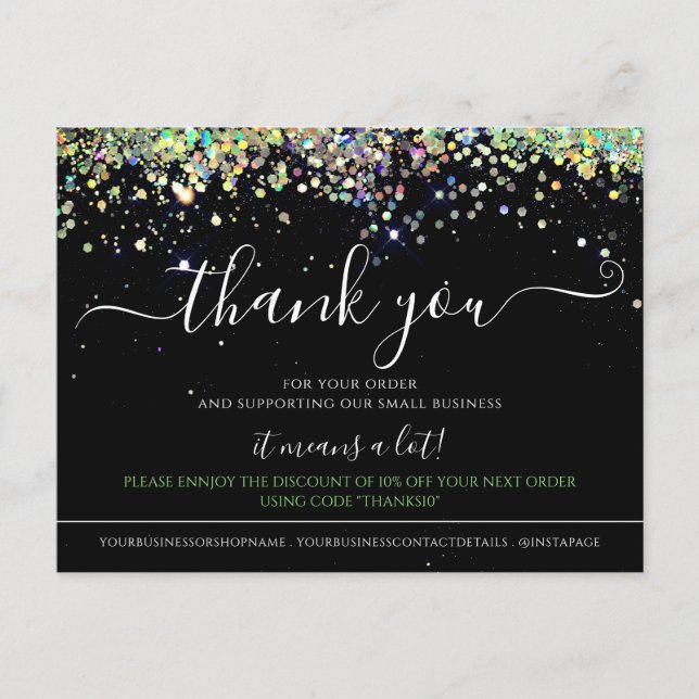 Holographic Glitter Black Elegant Thank You Card (Front)