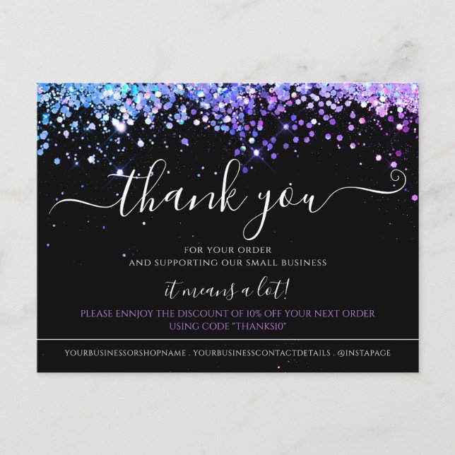 Holographic Glitter Black Elegant Thank You Card (Front)