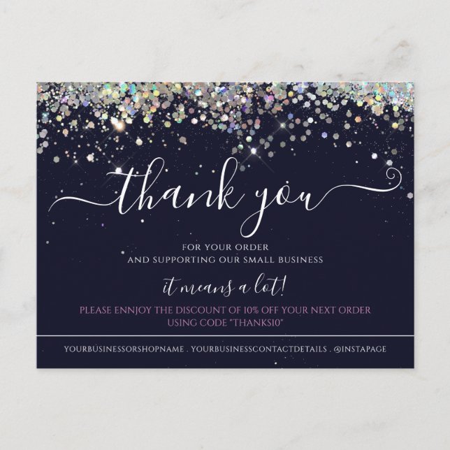 Holographic Glitter Blue Elegant Thank You Card (Front)