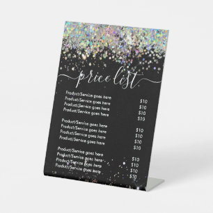 Holographic Glitter Business Price List Black Pedestal Sign