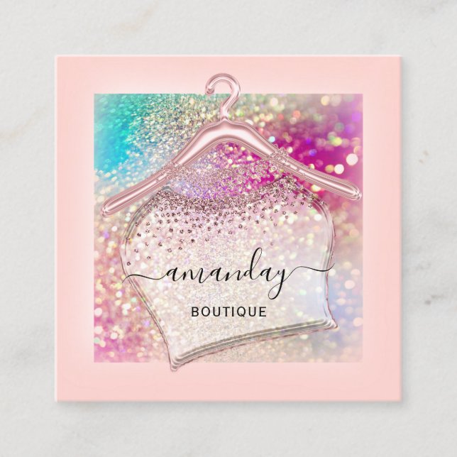 Holographic Glitter Cloth Rose Hanger Fashion Square Business Card (Front)