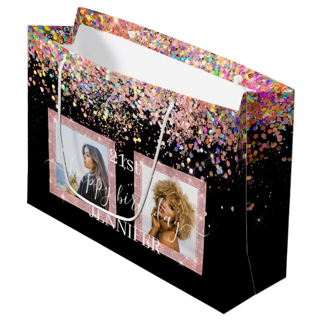 Holographic Glitter Custom Photo Birthday Black Large Gift Bag (Front Angled)