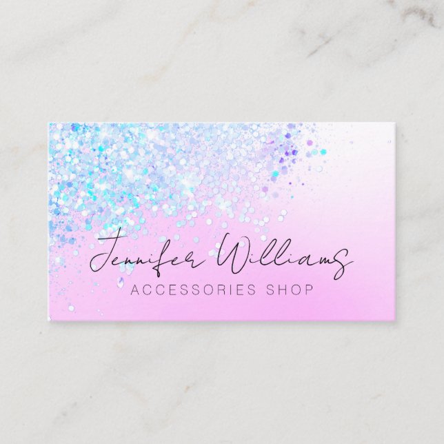 Holographic Glitter Custom Qr Code Pink Pastel Bus Business Card (Front)