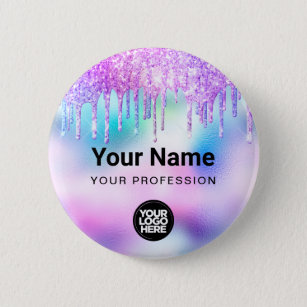 Holographic Glitter Drips Employee Logo Name Tag 6 Cm Round Badge