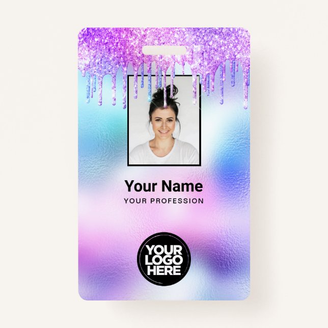 Holographic Glitter Drips Employee Photo Logo Name ID Badge (Front)