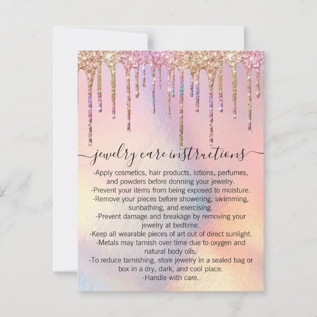 Holographic Glitter Drips Jewellery Care Card (Front)