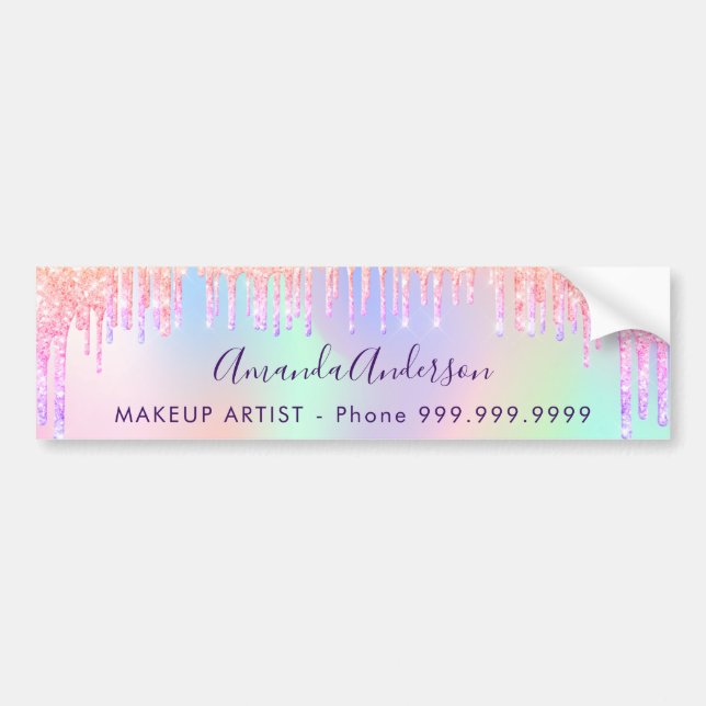 Holographic glitter drips pink purple beauty salon bumper sticker (Front)