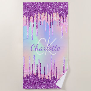 Holographic glitter drips purple pink monogram beach towel