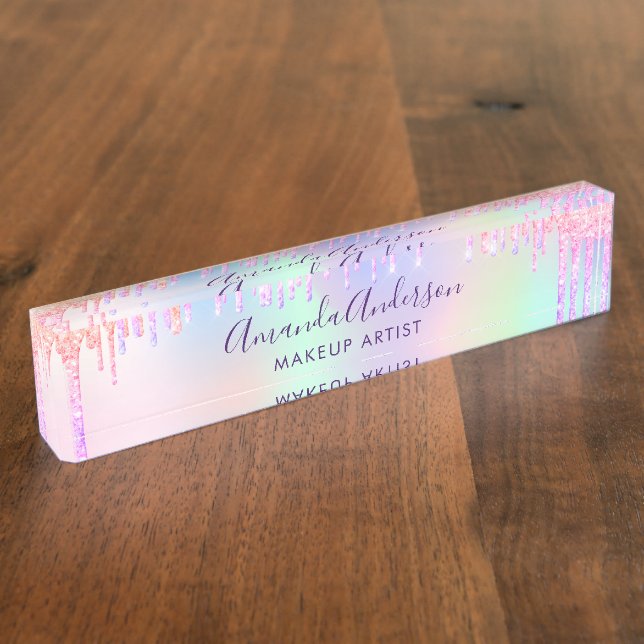 Holographic glitter drips unicorn rainbow beauty nameplate (Side)