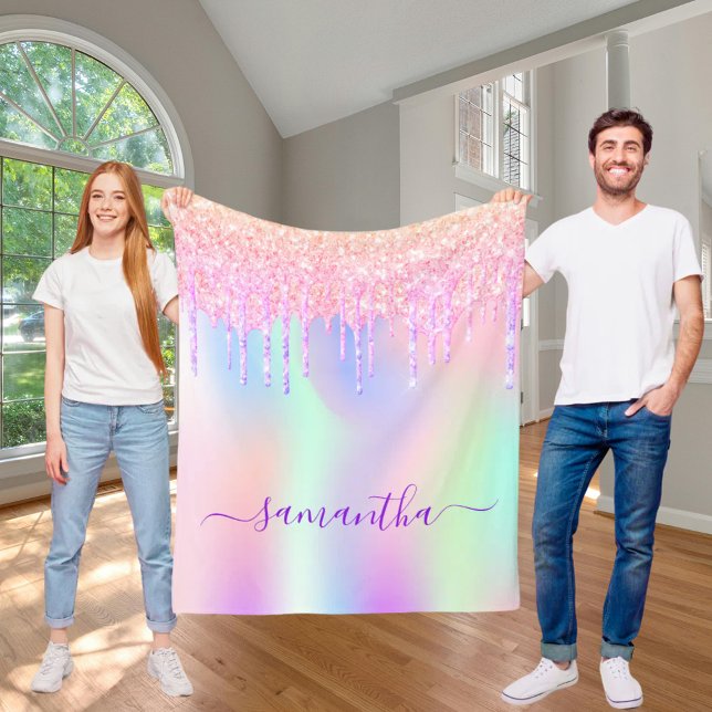Holographic glitter drips unicorn rainbow monogram fleece blanket (Creator Uploaded)