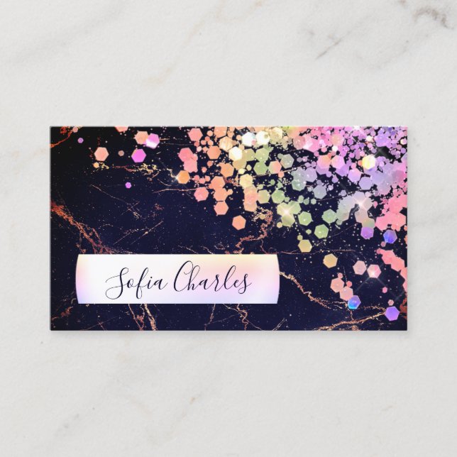 Holographic Glitter Dust Sparkling Black Marble Business Card (Front)