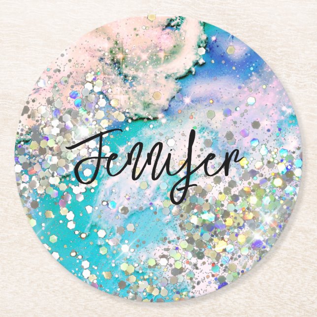 Holographic Glitter elegant Blue Teal Marble Ink Round Paper Coaster (Front)