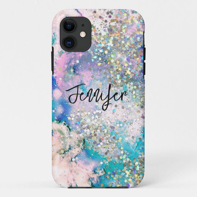 Holographic Glitter elegant Blue Teal Marbled Ink Case-Mate iPhone Case (Back)