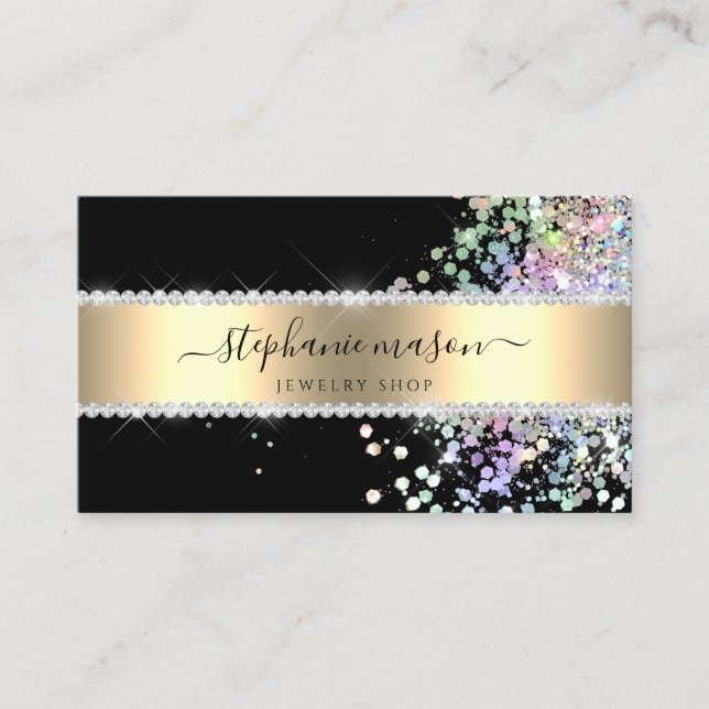 Holographic Glitter Gold Black Business Card (Front)