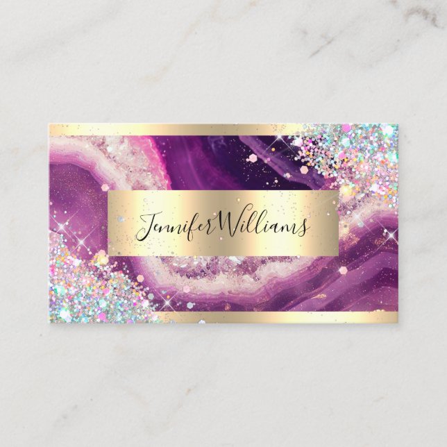 Holographic Glitter Gold Foil Purple Amethyst Business Card (Front)