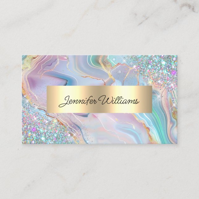 Holographic Glitter Gold Foil Purple Marble Agate Business Card (Front)