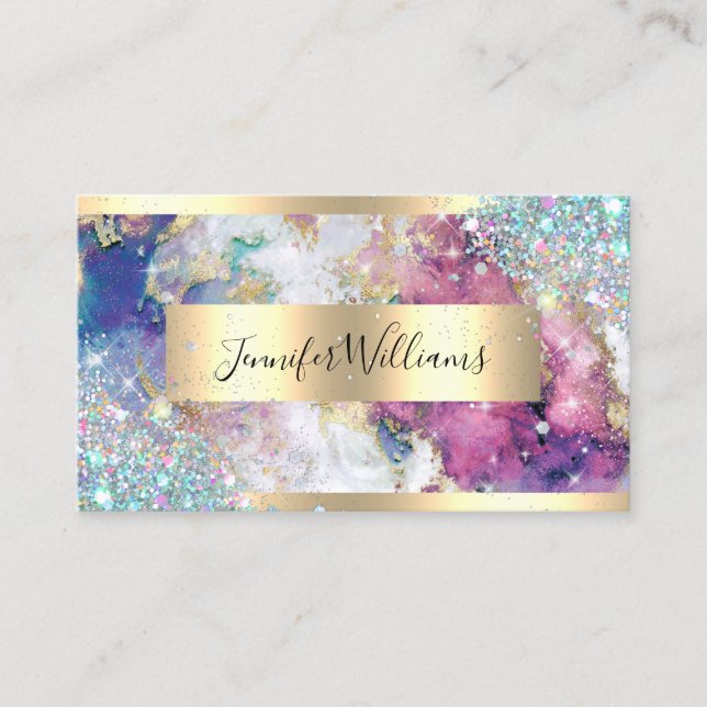 Holographic Glitter Gold Foil Watercolor Purple Business Card (Front)