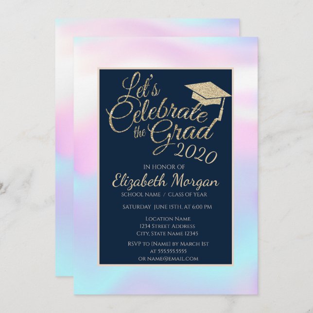 Holographic Glitter Graduation Cap Graduation Invitation (Front/Back)