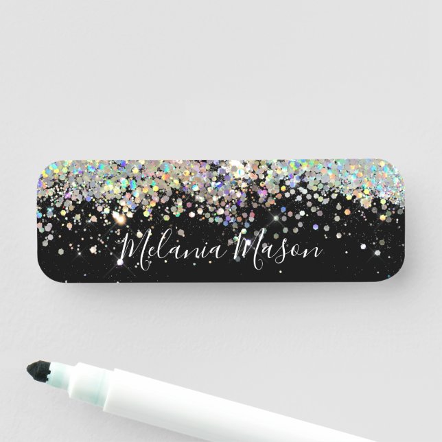 Holographic Glitter Makeup Artist Black Elegant  Name Tag (In Situ)