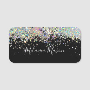Holographic Glitter Makeup Artist Black Elegant Name Tag
