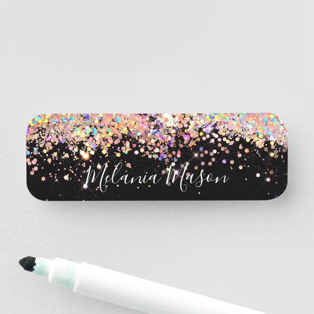 Holographic Glitter Makeup Artist Elegant Black  Name Tag (In Situ)