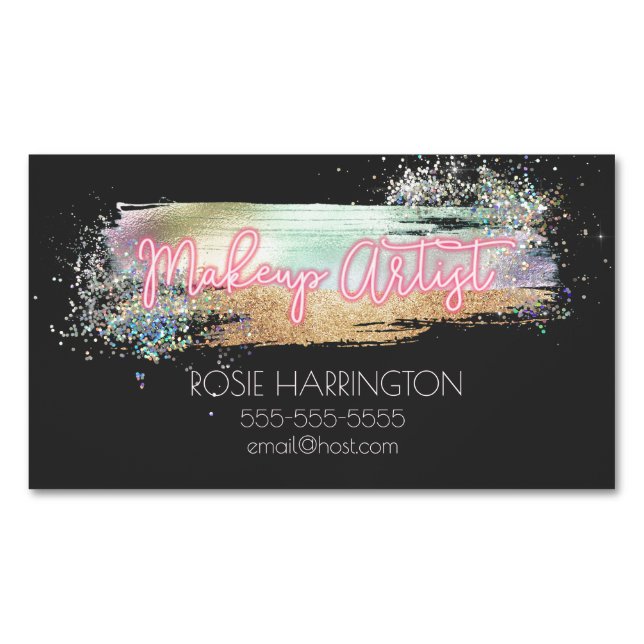 Holographic Glitter Makeup Artist Magnetic Business Card (Front)