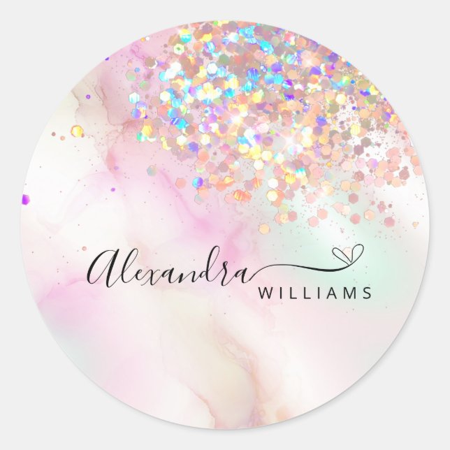 Holographic Glitter Makeup Artist Marbled Classic Round Sticker (Front)