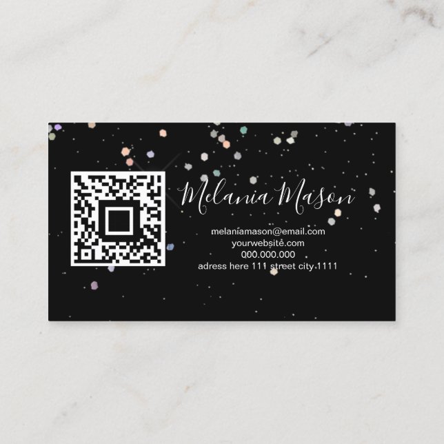Holographic Glitter Makeup Artist QR Code Black Business Card (Back)